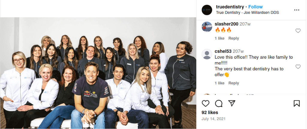 Instagram comment recommending True Dentistry Dental Practice LV Nevada