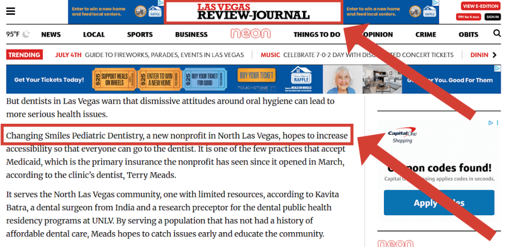 Example of a Local News Mention: Las Vegas Review-Journal story about Changing Smiles Pediatric Dentistry