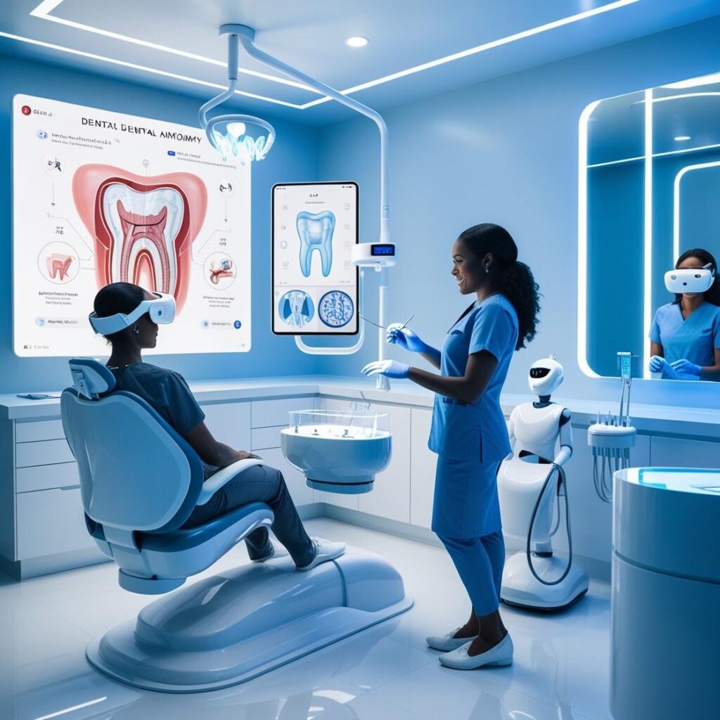 Futuristic dental office with dental professional using augmented reality headsets, interactive 3D tooth displays, and AI-powered equipment for enhanced patient care