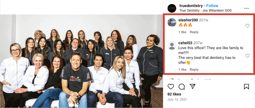 Instagram comment recommending True Dentistry Dental Practice LV Nevada