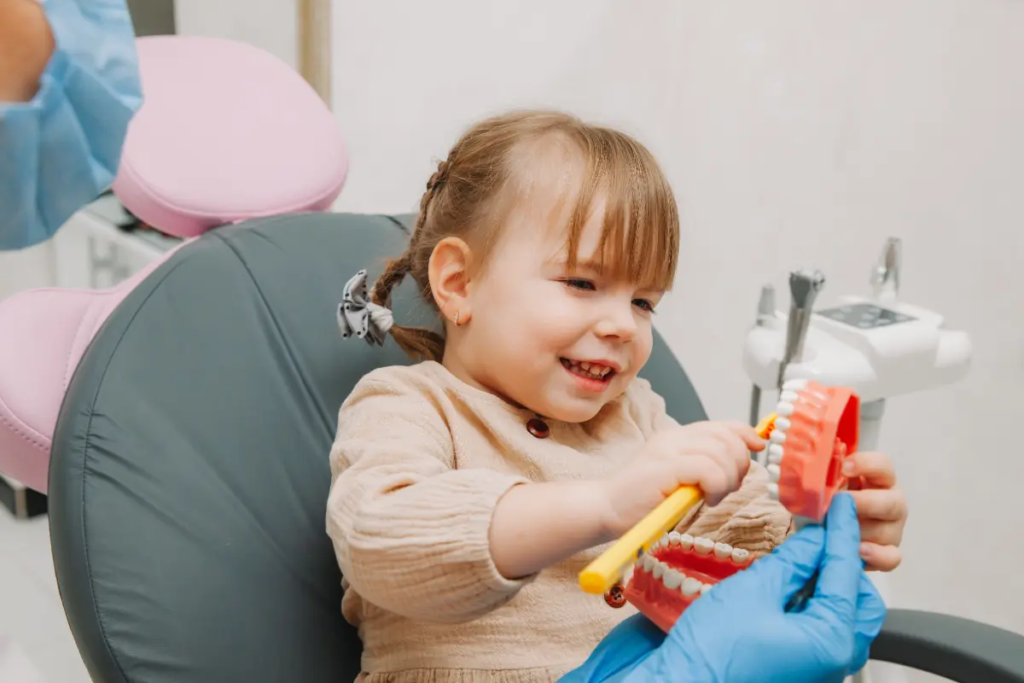 SEO for pediatric dentists: A young girl plays with a model of teeth in a dentist's chair.