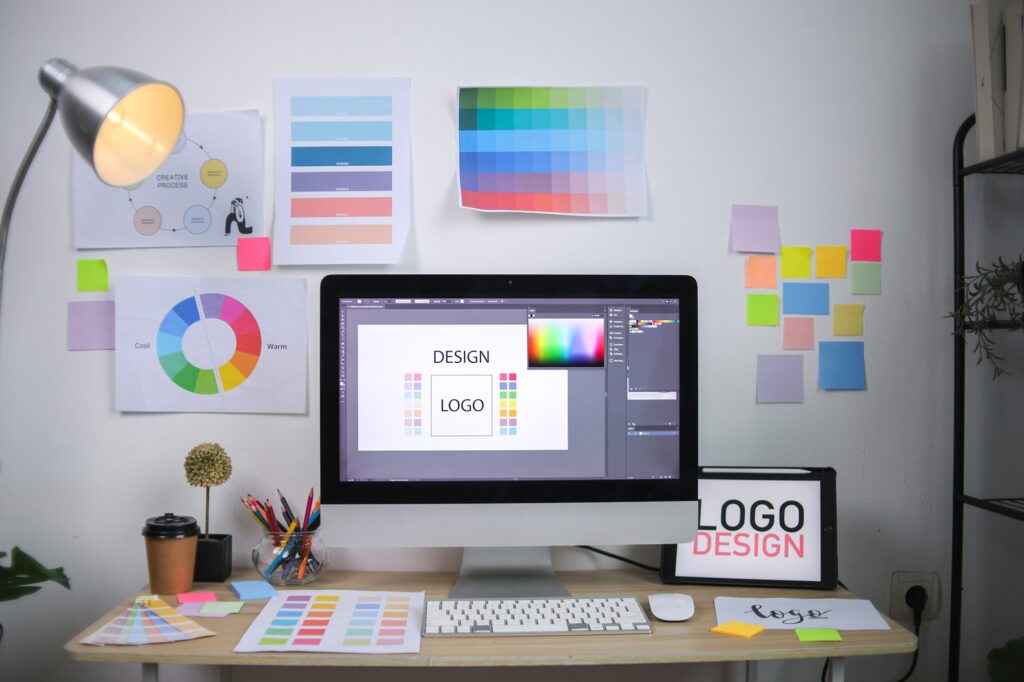 Dental practice branding elements including logo design, color palette, typography, and brand guidelines showing professional visual identity system