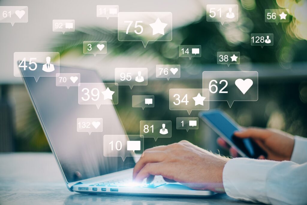 Dental practice social media content showing Instagram and Facebook posts with educational videos, patient testimonials, and engagement metrics